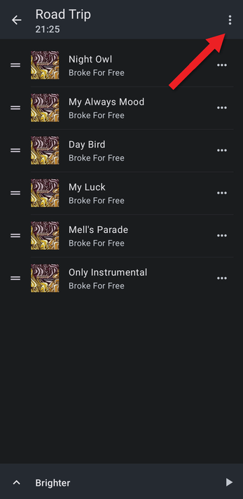 Playlist with an arrow pointing at the menu button