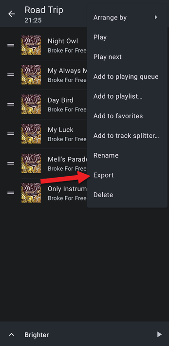 Playlist menu with an arrow pointing at Export
