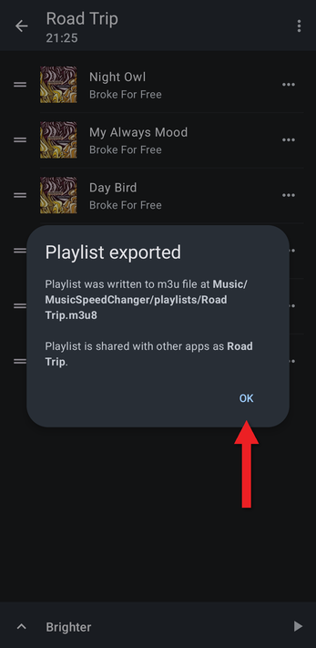 Playlist exported message showing the file location