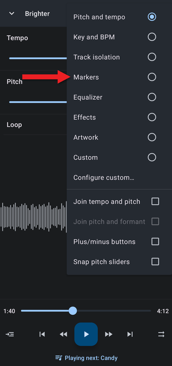 Editor components menu with an arrow pointing at Markers