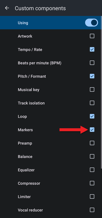 Custom components screen with an arrow pointing at the Markers checkbox