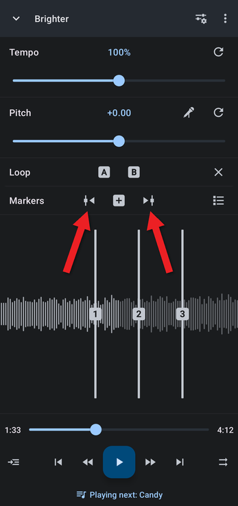 Arrows pointing at the previous and next marker buttons