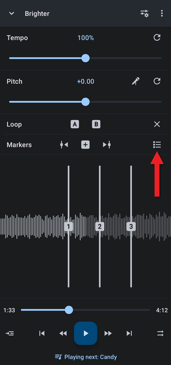 Arrow pointing at the markers list button