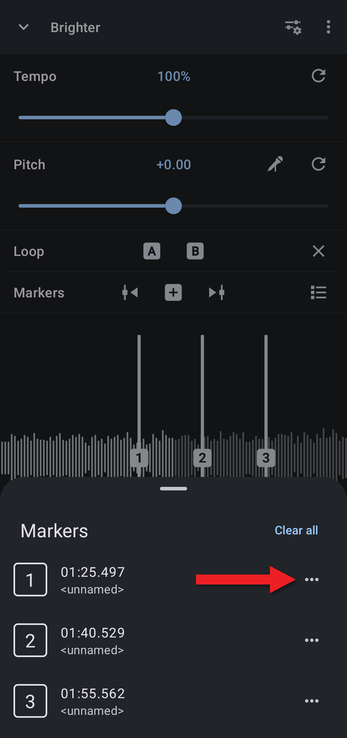Markers list with an arrow pointing at a marker's menu button