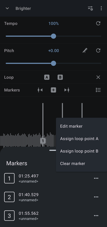 Marker menu with Edit marker, Assign loop point A, Assign loop point B and Clear marker
