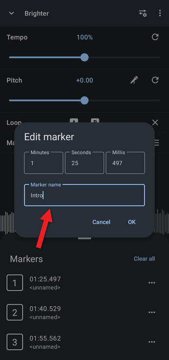 Edit marker dialog with the name Intro typed