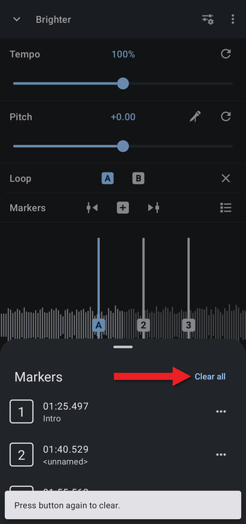 Arrow pointing at Clear all with the message Press button again to clear