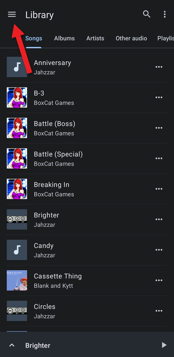 Library with an arrow pointing at the menu button