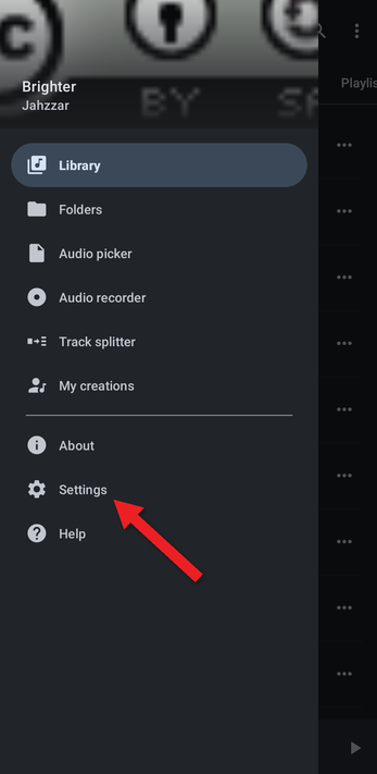 App menu with an arrow pointing at Settings