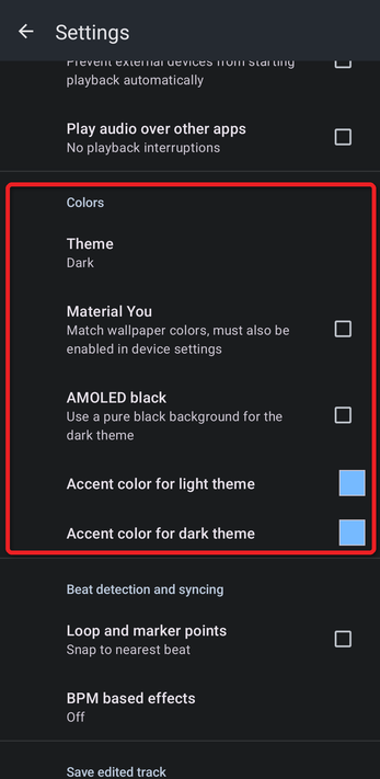 Settings with the Colors section outlined