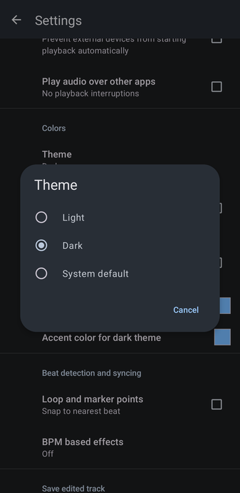 Theme dialog with Light, Dark and System default