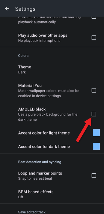 Arrow pointing at the AMOLED black checkbox