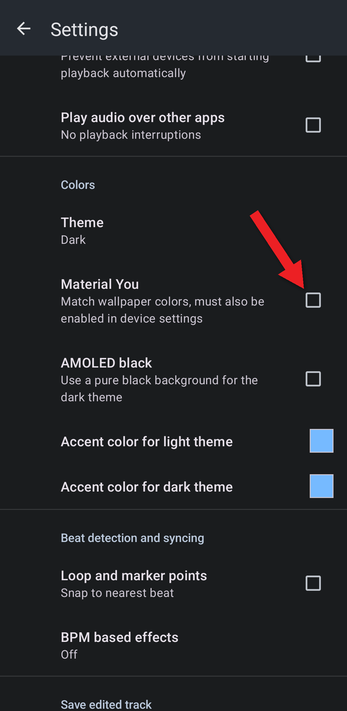 Arrow pointing at the Material You checkbox