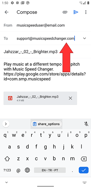 Email addressed to support with the track attached