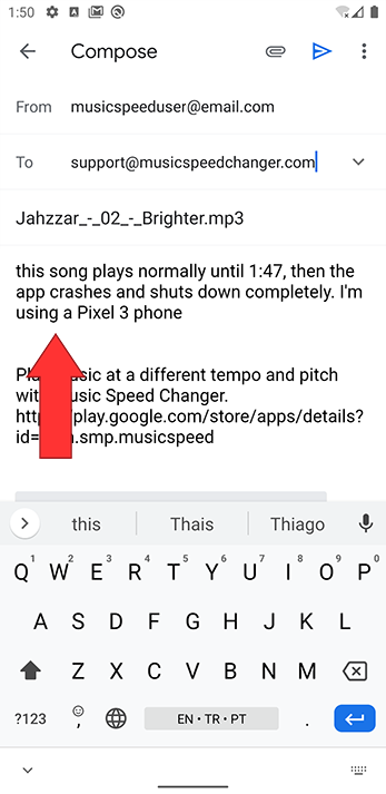 Email describing the problem
