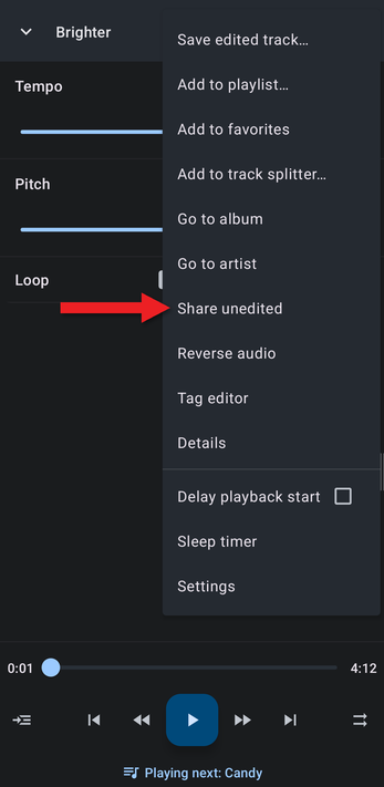 Editor menu with an arrow pointing at Share unedited