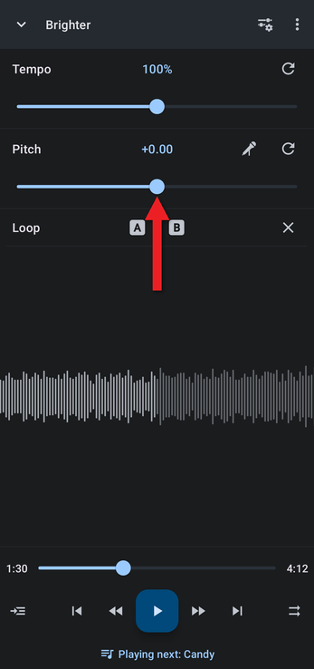 Arrow pointing at the Pitch slider in the editor