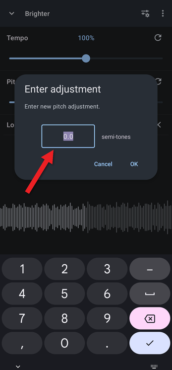 Enter adjustment dialog with the keyboard open