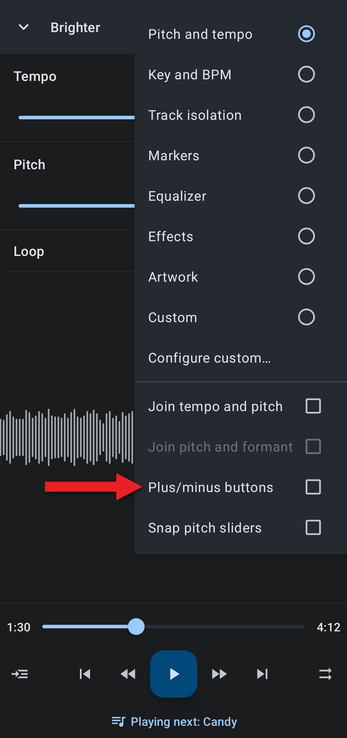 Editor components menu with an arrow pointing at Plus/minus buttons
