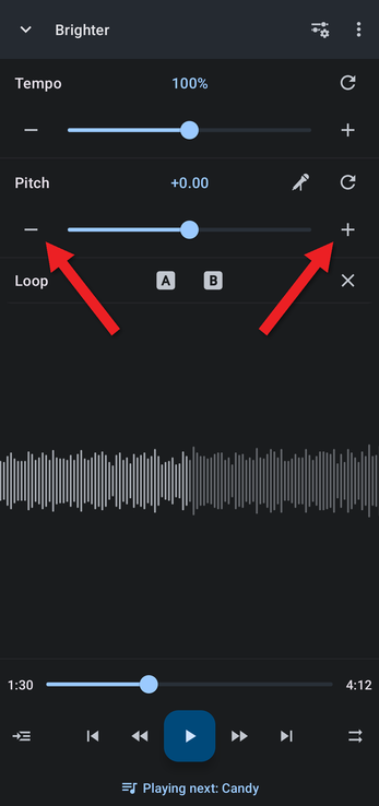 Plus and minus buttons at the ends of the pitch slider