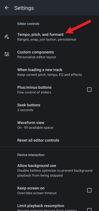 Settings with an arrow pointing at Tempo, pitch, and formant