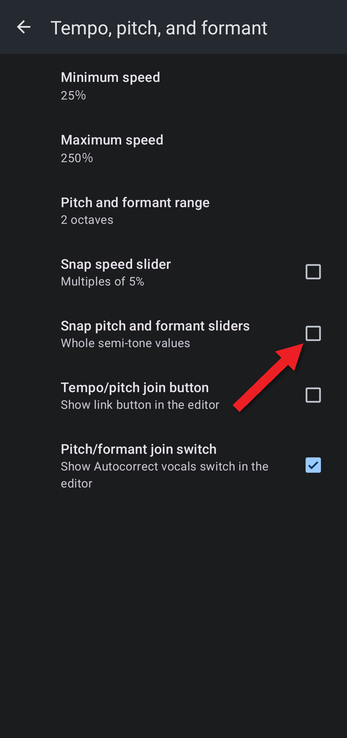 Tempo, pitch, and formant settings with an arrow pointing at Snap pitch and formant sliders