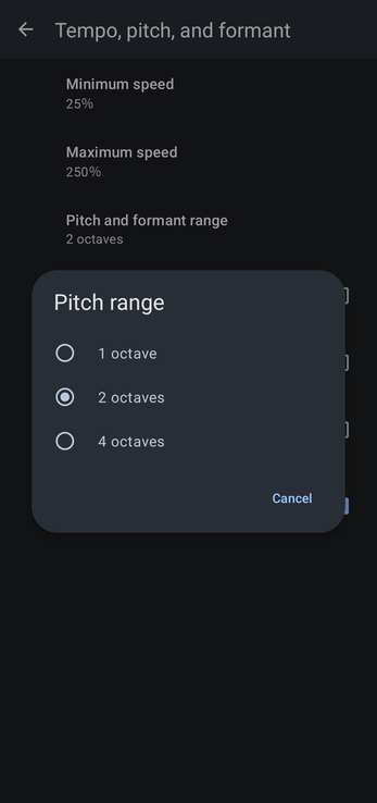 Pitch range dialog with 1, 2 and 4 octave options