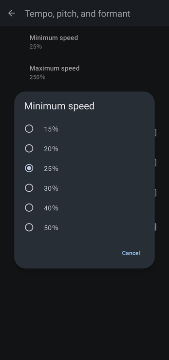 Minimum speed dialog