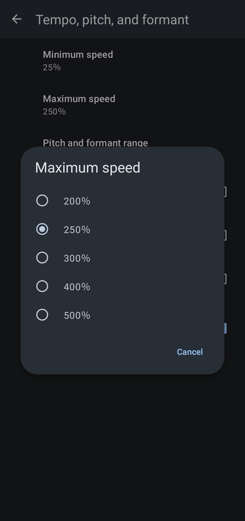Maximum speed dialog