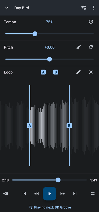 Editor with an A/B loop set and the tempo slowed down