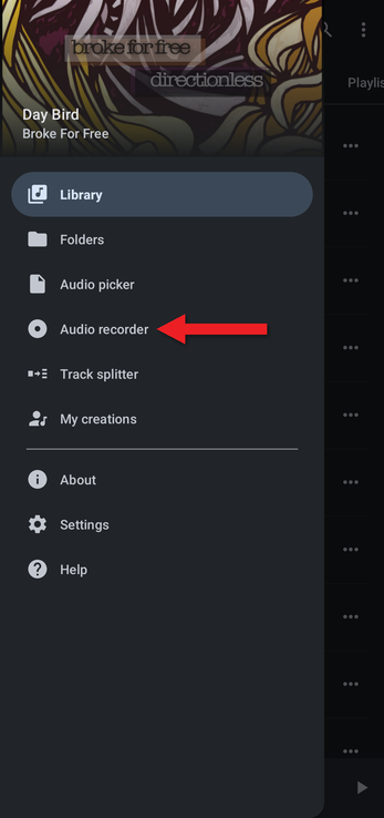 App menu with an arrow pointing at Audio recorder