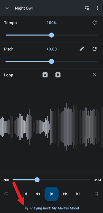 Editor with an arrow pointing at the Playing next button
