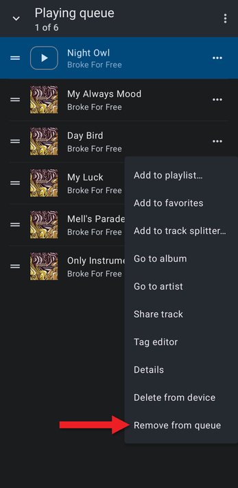 Queue item menu with an arrow pointing at Remove from queue