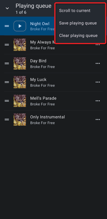 Playing queue menu with Scroll to current, Save playing queue and Clear playing queue