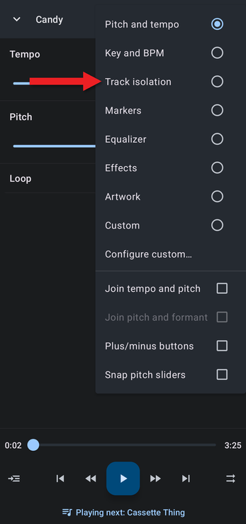Editor components menu with an arrow pointing at Track isolation