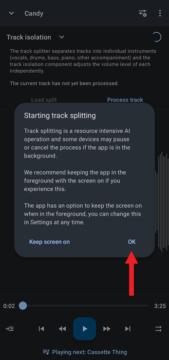 Starting track splitting message with Keep screen on and OK buttons
