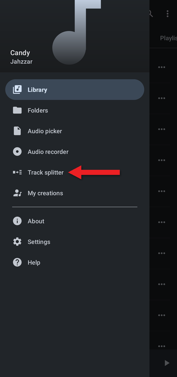 App menu with an arrow pointing at Track splitter