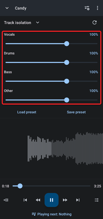 Track isolation sliders for vocals, drums, bass and other