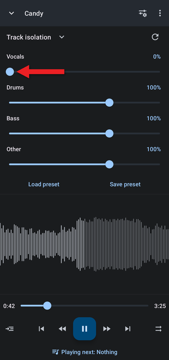 Vocals slider at 0 percent