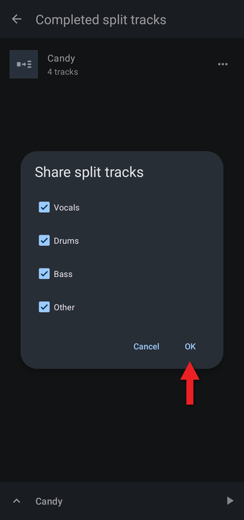 Share split tracks dialog with a checkbox for each part