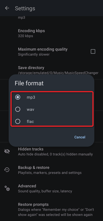 Track splitter file format options: mp3, wav and flac