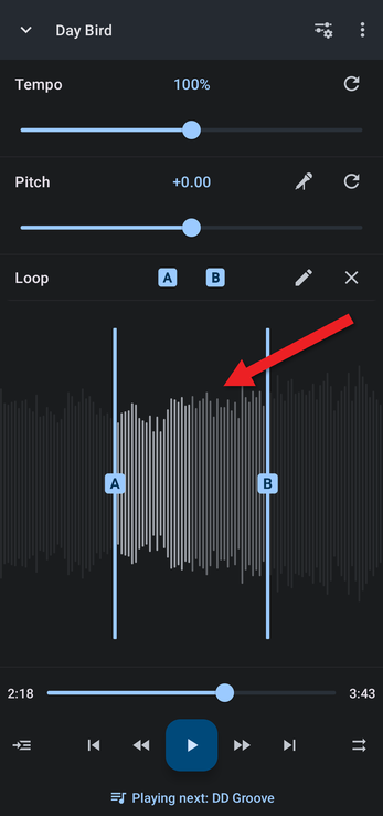 Editor with an A/B loop set around a section of the song
