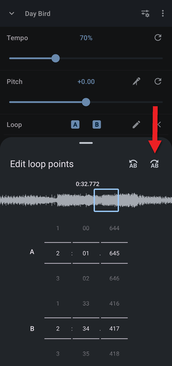 Edit loop points sheet with an arrow pointing at the skip forward button