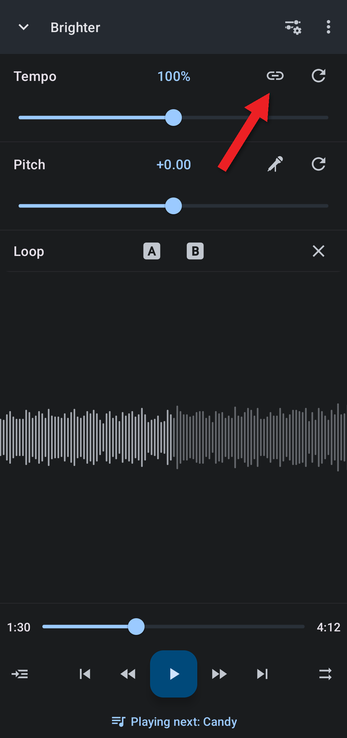 Editor with an arrow pointing at the link button on the Tempo row
