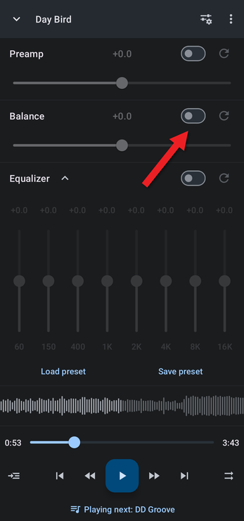 Equalizer layout with an arrow pointing at the Balance switch