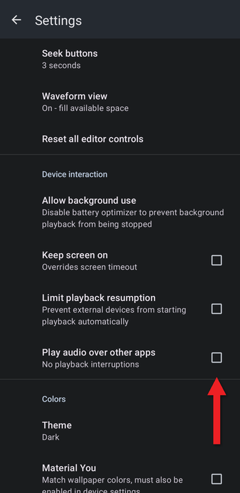 Settings with an arrow pointing at the Play audio over other apps checkbox