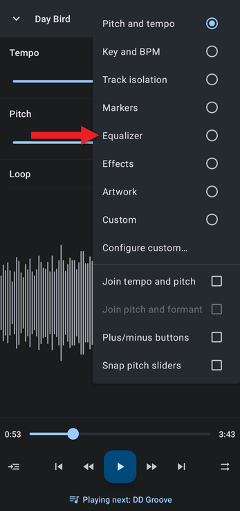 Editor components menu with an arrow pointing at Equalizer