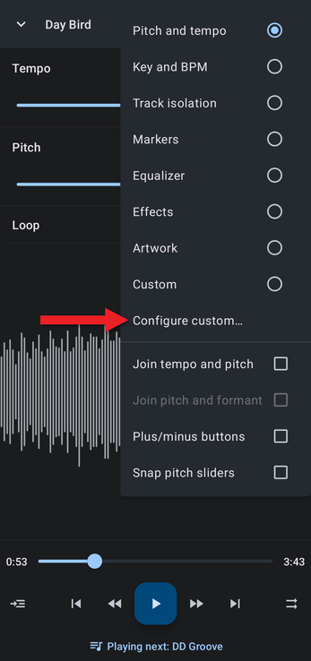 Editor components menu with an arrow pointing at Configure custom