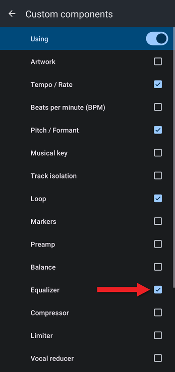 Custom components screen with an arrow pointing at the Equalizer checkbox