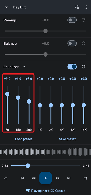 Equalizer with the low-frequency bands raised
